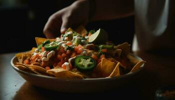 Fresh guacamole on a tortilla chip, a crunchy vegetarian snack generated by AI photo