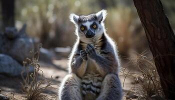 Cute lemur sitting on branch, staring, in tropical rainforest generated by AI photo