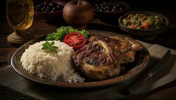 A la parrilla Cerdo y pollo, Fresco verduras, arroz un delicioso comida generado por ai foto