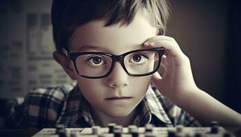 A cute, serious schoolboy with eyeglasses sitting at a table generated by AI photo