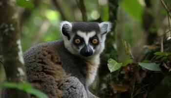 Cute lemur sitting on branch, staring with curious animal eyes generated by AI photo