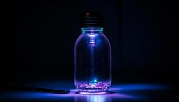 Blue glass bottle with glowing liquid reflects bright illuminated background generated by AI photo
