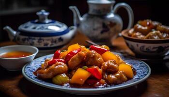 Healthy meal with steamed vegetables, pork, and homemade tomato sauce generated by AI photo