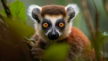 Cute lemur looking at camera in tropical rainforest, striped fur generated by AI photo