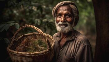 Smiling senior farmer harvesting organic food in rural autumn forest generated by AI photo