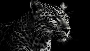 Majestic big cat, endangered, staring, black and white, wilderness hunter generated by AI photo