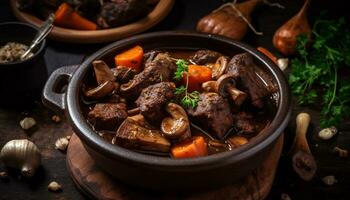 un rústico hecho en casa carne de vaca estofado con hongos, verduras, y salsa generado por ai foto