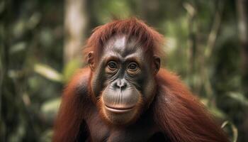 Cute primate in nature, a close up portrait of a monkey generated by AI photo