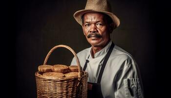 A confident farmer, wearing a straw hat, smiling at camera generated by AI photo