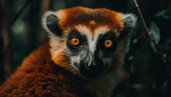 Cute lemur looking at camera in tropical rainforest, close up generated by AI photo