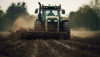 agricultores trabajando al aire libre, preparando tierra para cosecha con agrícola maquinaria generado por ai foto