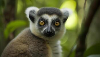 linda lémur curioso, sus curioso ojos enfocado en el cámara generado por ai foto