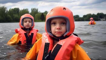 Smiling boys playing in nature, enjoying fun outdoor water activities generated by AI photo