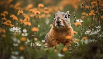Cute mammal sitting on grass, looking at camera in nature generated by AI photo