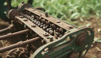 un antiguo máquina de escribir, oxidado y obsoleto, se sienta al aire libre en naturaleza generado por ai foto