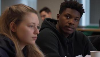 A diverse group of students studying together in a classroom generated by AI photo