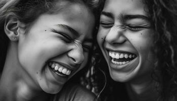 sonriente joven mujer disfrutar al aire libre, amistad, risa, y unión generado por ai foto