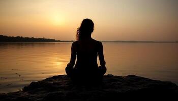 uno mujer meditando al aire libre, abrazando el belleza de naturaleza generado por ai foto