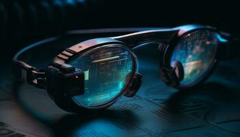 Fashionable sunglasses reflect modern elegance on a futuristic metal table generated by AI photo