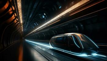 Blurred motion, car, traffic, underground, vanishing point, futuristic, illuminated generated by AI photo