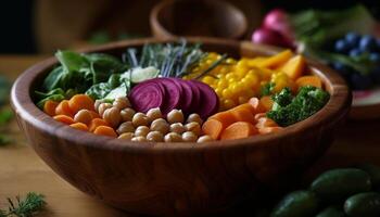 fresco, sano ensalada con un variedad de vegetales en de madera mesa generado por ai foto