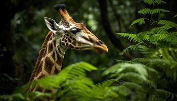 jirafa en el salvaje, rodeado por verde bosque, belleza en naturaleza generado por ai foto