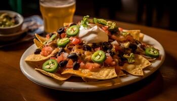 Fresco guacamole en un tortilla chip, un delicioso mexicano aperitivo generado por ai foto