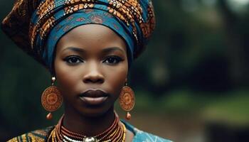 Young African woman in traditional clothing, confidently smiling at the camera generated by AI photo