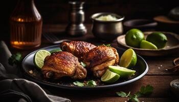 Grilled chicken leg with fresh lime, spice, and homemade sauce generated by AI photo