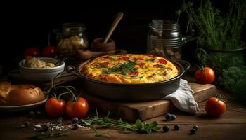 Fresh, healthy meal vegetarian omelet with homemade bread and organic vegetables generated by AI photo