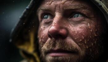 uno hombre, adulto, retrato, caucásico etnicidad, cerca arriba, al aire libre, mojado generado por ai foto