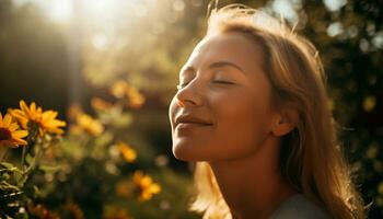 Smiling young woman enjoys nature beauty in the summer sunset generated by AI photo