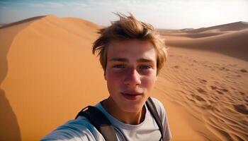 Smiling child in nature, enjoying summer adventure, walking on sand generated by AI photo