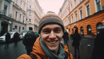 A cheerful young man smiling, looking at camera in winter generated by AI photo