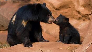 Cute small puppy playing with a fluffy panda in the forest generated by AI photo