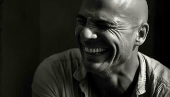 sonriente hombre con negro fondo, alegre y confidente expresión generado por ai foto