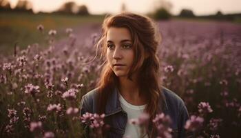 Young woman in meadow, smiling, enjoying nature beauty and freedom generated by AI photo