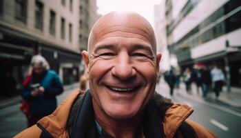 Smiling adult walking in city, looking at camera with confidence generated by AI photo