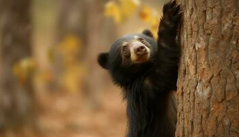 Cute monkey sitting on branch, looking at camera in forest generated by AI photo