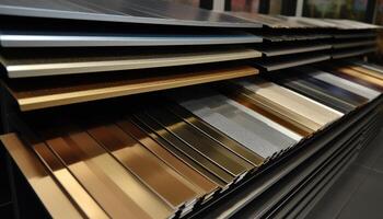Large metal stack of paper in a modern printing press factory generated by AI photo