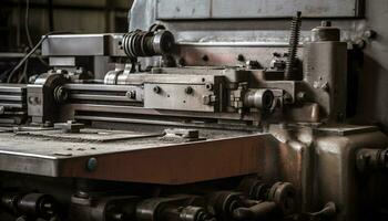 Metal industry machinery turning metal in workshop generated by AI photo