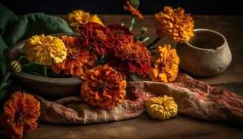 Fresh yellow flowers in a rustic wooden vase on a table generated by AI photo