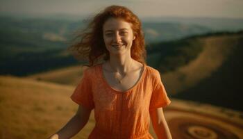 sonriente joven mujer disfruta naturaleza belleza en el rural puesta de sol generado por ai foto