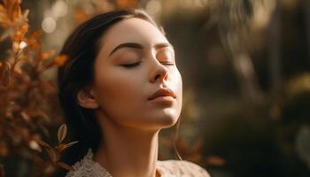 joven mujer en naturaleza, belleza en otoño, elegancia y relajación generado por ai foto