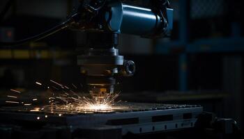 Steel factory workshop metalworking, machinery, automated cutting, welding, production line generated by AI photo