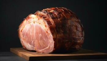 Smoked pork slice on wood, a gourmet delicatessen for freshness generated by AI photo