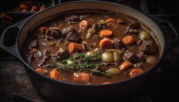 un abundante carne de vaca guiso, cocido con zanahorias y cebollas, Listo a comer generado por ai foto