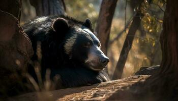 Large, cute canine sitting in the forest, focusing on the tree generated by AI photo