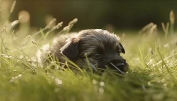 linda perrito jugando en el césped, disfrutando el verano Dom generado por ai foto