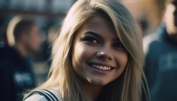 sonriente joven mujer al aire libre, alegre y mirando a cámara generado por ai foto